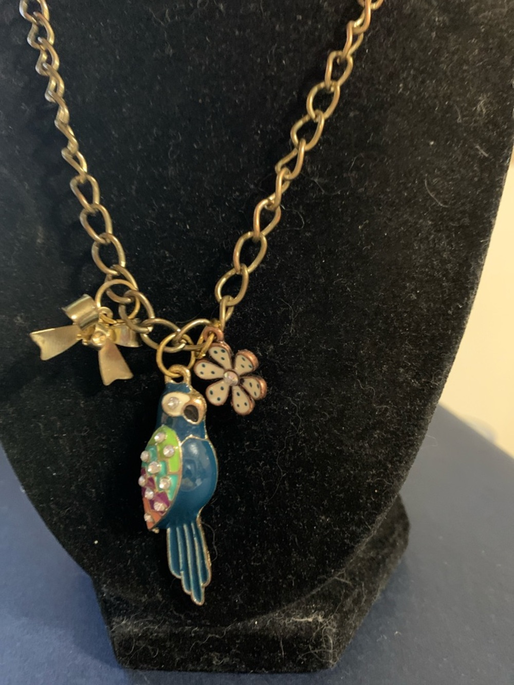 Silver-Tone Parrot Charm Necklace with Blue and Multicolor Accents